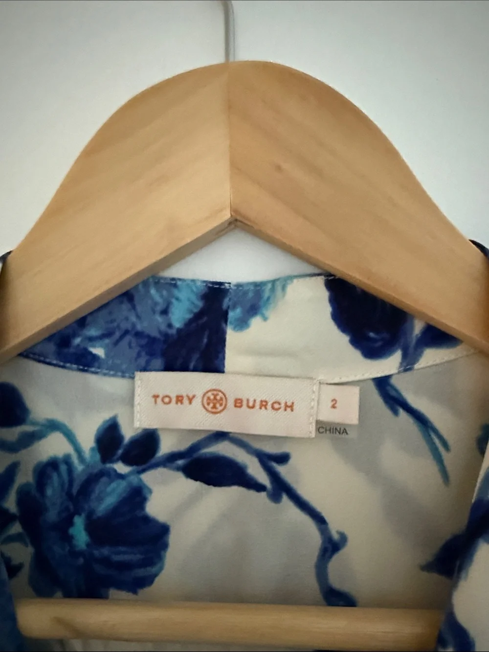 Tory Burch Georgette Cream Blouse with Blue Floral Print and Tie Neck